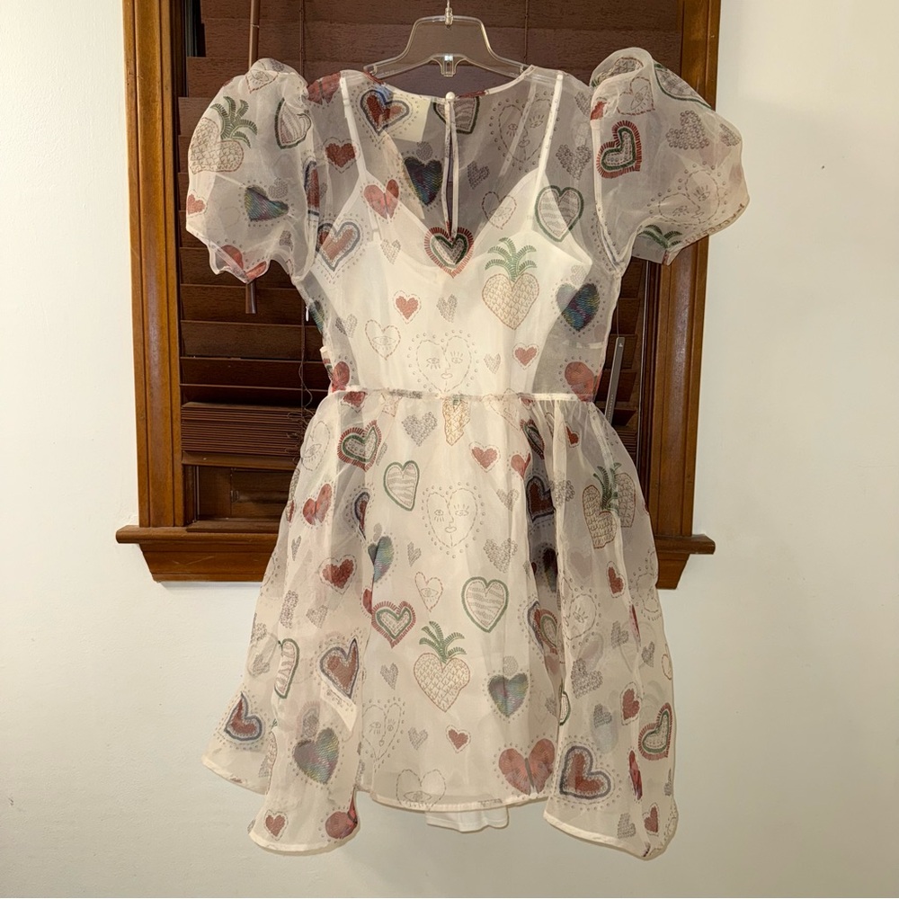 NWT $228 Anthropologie x Farm Rio Semi Sheer Puff-Sleeve Mini Heart Dress S - Picture 8 of 16